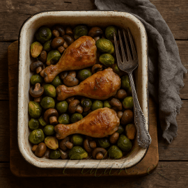 Obrázek 🍗 Pečené kuřecí maso s růžičkovou kapustou a žampiony